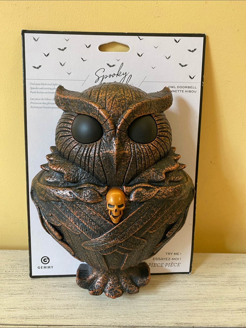 Gemmy Copper Black Spooky Owl Wall Doorbell with Gold Skull Accent